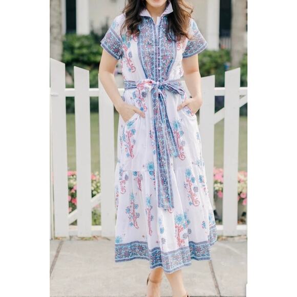 Victoria Dunn Folly Dress Size XS Rosa White Blue Blockprint Midi *no belt - Picture 3 of 12